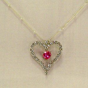 NEW Red Pink Heart Dangle Cubic Zirconias Silver Vintage DESIGNER Necklace